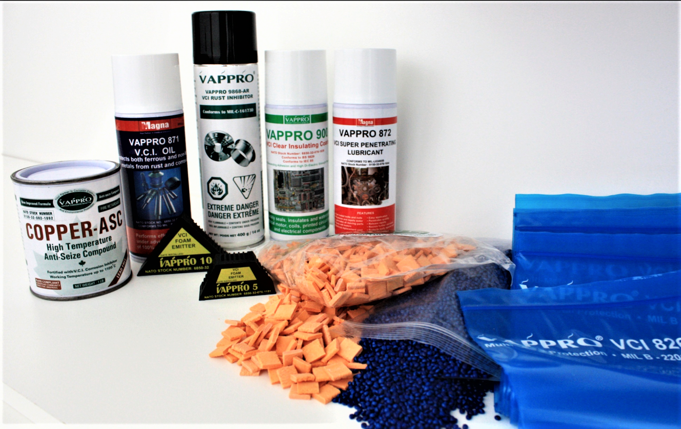 Group of Vappro VCI products - films, chips, resins, emitters and sprays